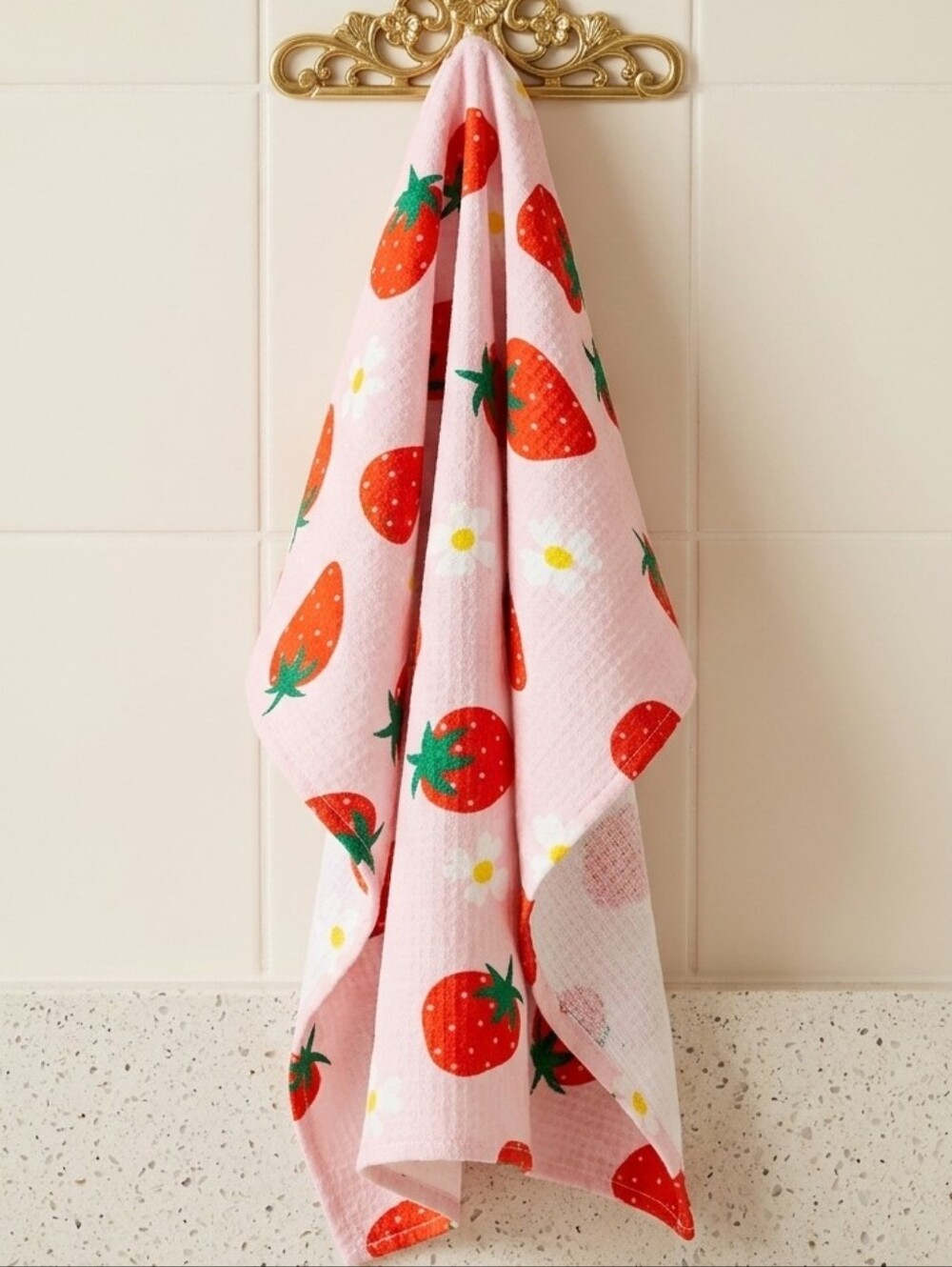 White Waffle Weave Kitchen Towel with Fresh Strawberries and Daisies 18x24
